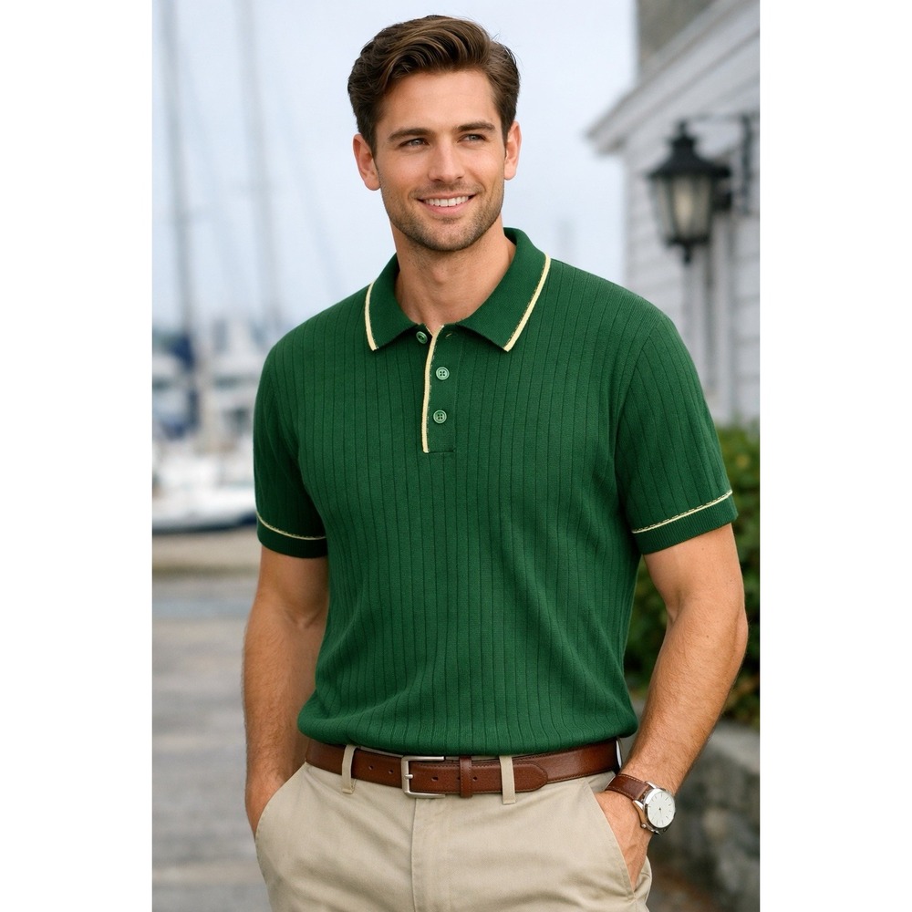 The Commons‎ Men Polo Shirt XL (Slim) Green Ribbed Knit Preppy Trim Cotton